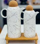 تصویر ست جاآبلیمو و جاروغنی سرامیکی طرح ماربل با درب چوبی و استند بامبو 