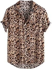 تصویر HJKOGH Hawaiian Leopard Shirt Men Hip Hop Streetwear Short Sleeve Printing Shirts Button Shirt (Color : A, Size : XL code) 