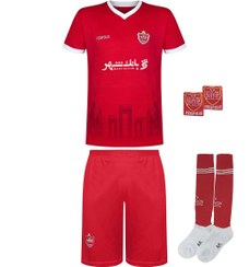 تصویر کیت باشگاهی پرسپولیس طرح علی علیپور فصل 05-1404 سایز بچگانه و بزرگسال به همراه جوراب و مچبند 