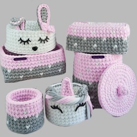 تصویر سبد قلاب بافی تریکو طرح سیسمونی کودک کد 111 مجموعه 6 عددی 