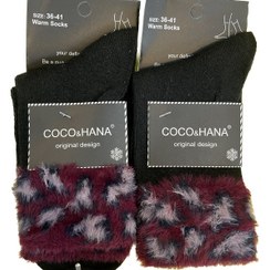 تصویر خرید عمده جوراب موهر ساقدار زنانه برند کوکو زرشکی پلنگی 