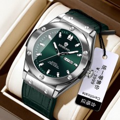 تصویر بین باند مدلی نو مناسب آقایان مقاوم دربرابر آب برندشرکتی کارت گارانتی دارای روز شمار ایام هفته بند رابر با رویه چرمی شیشه سافایر شب نما قفل سوزنی دستبندی موتور کوارتز - س 