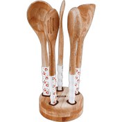 تصویر سرویس کفگیر و ملاقه طرح گل محمدی با استند چوبی 