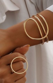 تصویر ست بنگل و انگشتر زنانه طرح طلا مینیمال نانو رنگ ثابت Women's gold bangle and ring set, minimal nano fixed color