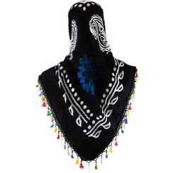 تصویر روسری سنتی کردی منگوله رنگی مشکی- آبی قواره بزرگ 