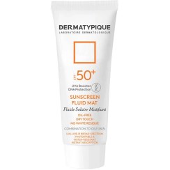 تصویر فلوئید ضد آفتاب بی‌رنگ درماتیپیک، SPF 50، مدل Fluid mat، مناسب پوست چرب و مختلط و حجم 50 میلی‌لیتر، محافظت‌کننده در برابر اشعه UVA و UVB و ضد آب، PA++++، ضد جوش و آکنه با ماندگاری 2 ساعته dermatypique