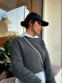 تصویر پلیور بافت زنانه زغالی مدل بافت وافل برجسته وارداتی - S 