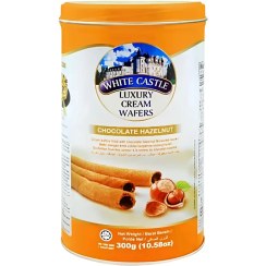 تصویر بيسکويت رولی شکلات فندق وايت کستل فلزی 300 گرم white castle مدل CHOCOLATE HAZELNUT White Castle Luxury Cream Wafer Chocolate Hazelnut 300gr