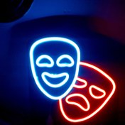 تصویر نئون مینیمال طرح ماسک شاد و غمگین sad and happy theatre mask minimal neon