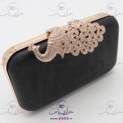 تصویر دهانه قابدار (کیف کلاچ) طاووس پر نگین طلایی 20 سانت 