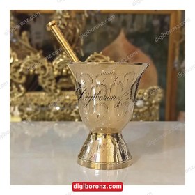 تصویر هاون برنجی برنزی هندی قلم زنی شده ارتفاع 10 سانت قطر 8 سانت Brushed Indian bronze mortar, height 10 cm, diameter 8 cm