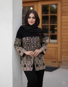 تصویر مانتو کتی زنانه نوروز ۱۴۰۵ شانتون با طرح اسلیمی سایز ۴۲ تا ۵۲ 