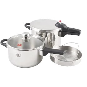 تصویر زودپز دوقلو پارس استیل کف سه لایه (4.5 و 6 ليتر) با درب و بخارپز Parssteel Twin Pressure-Cooker 6+4.5 Litres With Lid And Steamer