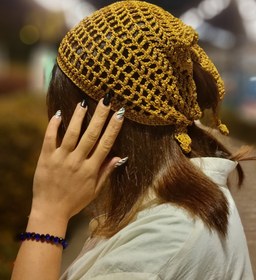 تصویر اسکارف توری مکرومه زرد Yellow macrame lace scarf