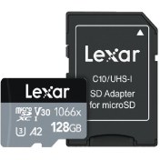 تصویر کارت حافظه microSDXC لکسار Lexarمدل 1066X کلاس A2 استاندارد UHS-U3 سرعت 160MBps ظرفیت 128 گیگابایت به همراه آداپتور SD 