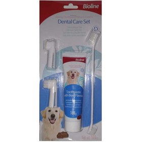 تصویر ست مسواک و خمیر دندان سگ بایولاین طعم استیک گوشت 100 گرمی Bioline set tooth past for dogs100ml