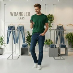 تصویر شلوار جین راسته مردانه نخ پنبه رانگلر رنگ آبی کاربنی نخ دوخت طلایی مدل JRP-ACT - 34 