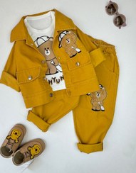 تصویر سه تیکه کت و شلوار لی کاغذی و تیشرت تدی 