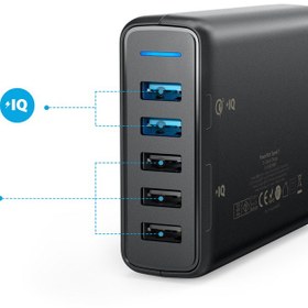 تصویر شارژر رومیزی انکر با پورت پنج‌گانه مدل A2054 PowerPort Speed توان 63 وات Anker A2054 PowerPort Speed 5 Ports Desktop Charger