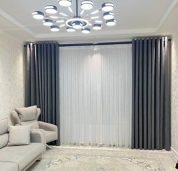 تصویر پرده پذیرایی حریر ساده و مخمل کالیفرنیا رنگ طوسی مدل دوخت پلیسه و مخمل ها بصورت پانچ 