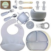 Silicone Baby Feeding Set - 14 Pack Baby Led Weaning Supplies for Toddlers,  Infant First Stage Eating Set with Suction Plates & Bowls, Bibs, Water