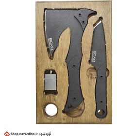 تصویر ست طبیعت گردی ۴ تیکه (تبر، چاقو، تخته گوشت، کبریت) با کیف چرمی 
