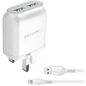 تصویر شارژر دیواری برند پرودو porodo به همراه کابل ۱.۲ متری USB به لایتنینگ Porodo Dual Port Wall Charger 2.4A