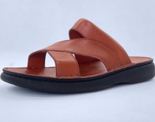 تصویر دمپایی چرم مردانه خزر با پدخار پاشنه پا رنگ مشکی و عسلی 