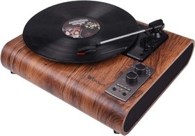 تصویر گرامافون دیجیتال وینیلی برند VOKSUN VOKSUN's Bluetooth-enabled vinyl record player features a 3-speed LP turntable, HiFi stereo speakers, and includes MP3 playback, FM radio, Aux-In, and RCA connectivity, all housed in a natural wood finish.