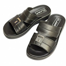 تصویر دمپایی و صندل چرم مردانه کفی طبی رویه چرم مشکی طرح المطراش 