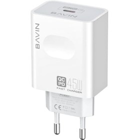 تصویر شارژر دیواری فست شارژ با کابل تایپ ‎سی باوین BAVIN Intelligent 45W PD Fast QC3.0 Wall Charger Adapter USB-C PC800Y 