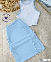 تصویر ست پوشاک دخترانه کراپ دامن چاکدار 