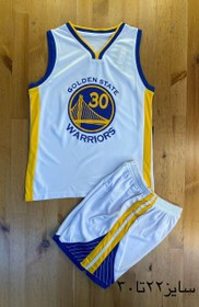 تصویر ست بسکتبال گلدن استیت واریورز پسرانه رنگ سفید کیفیت +A تایلندی Golden State Warriors basketball uniform for boys, white color, Thai quality +A