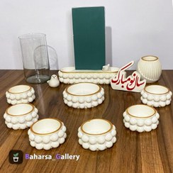 تصویر هفت سین طرح مروارید دور طلایی مدل 02 بهمراه آینه و تنگ ماهی مجموعه 15 عددی 