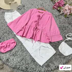 تصویر ست 4 تیکه عروسکی زنانه شامل شومیز و دورگ لنین و شلوار و کیف کتان فری سایز 38 تا 48 با انتخاب این ست 4 تیکه عروسکی، دیگر دغدغه ای برای ست کردن لباس های خود نخواهید داشت. این مجموعه کام