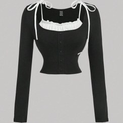 تصویر کراپ آستین بند پینترستی دو رنگ یقه چین دار 