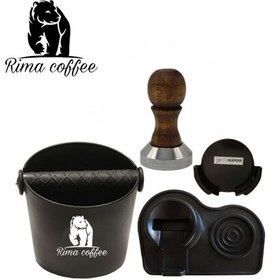 تصویر ست لوازم جانبی اسپرسو ساز به صرفه Rima coffee ریما عمده فروش قهوه ست شامل و ماگ تمپر تمپر مت پرتاکیپر ناک باکس 