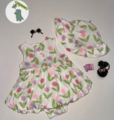 تصویر سارافون دخترانه نوزادی کلاه دار طرح گل لیتل می سایز ۳ تا ۱۲ ماه 