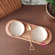 تصویر اردوخوری 2 تایی چوبی و سرامیک طرح برگ کرم به همراه یک قاشق طلایی 