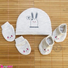 تصویر ست کلاه دستکش پاپوش نوزاد نخ پنبه ای طوسی خرگوش مارک آی استار baby cotton hat Set 