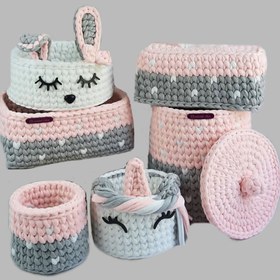 تصویر سبد قلاب بافی تریکو طرح سیسمونی کودک کد 111 مجموعه 6 عددی 
