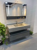 تصویر روشویی سرامیکی مدرن ۱۰۰ سانتی متر با کابین و شلف دیواری 