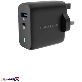 تصویر شارژر دیواری فست شارژ تایپ سی و یو اس بی 63 وات پاورولوژی Powerology Ultra-Quick Charging Adapter PWCUQC004 Powerology 63W Ultra-Quick GaN Charger 45W PD & USB-A Quick Charge 18W QC3.0 PWCUQC004