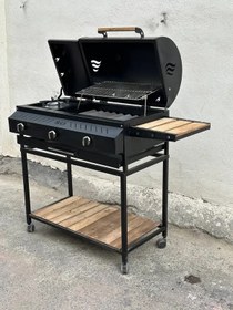 تصویر باربیکیو گازی ۹۰ سانتی پلوپز دار با رویه چدنی 