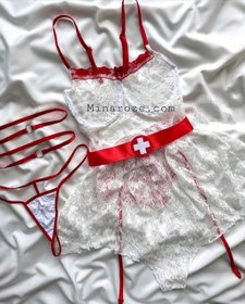 تصویر ست کاستوم پرستاری زنانه فانتزی، ۴ تکه، بادی فنردار از جنس دانتل تمام کش کد 0164 Women's lingerie