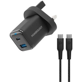 تصویر آداپتور شارژ 2 پورت 35 وات با کابل دو سر تایپ سی پاورولوژی Powerology Super Compact Quick Charger PWCUQC023-C 