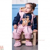 تصویر سرهمی کاپشنی خزدار نوزاد و کودک کلاهدار تدی صورتی baby warm hooded jumpsuits 