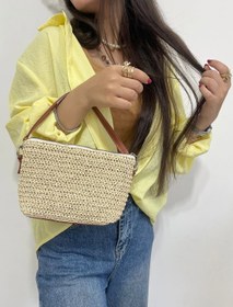 تصویر کیف رافیا دو بندی زنانه بژ-قهوه‌ای - کرم استخونی Raffia Bag Women Double-Strap Beige-Brown