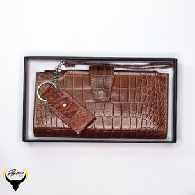 تصویر ست دوتیکه کیف پول اسپرت و جاکلیدی چرم طبیعی کد 183 - قهوه ای کورو Card Holder set and key holder