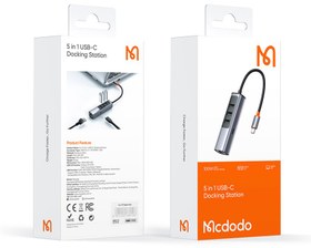 تصویر هاب تایپ‌سی با 5 پورت مک‌دودو MCDODO USB-C USB3.0x3+PD100WxRJ45 HU-111 